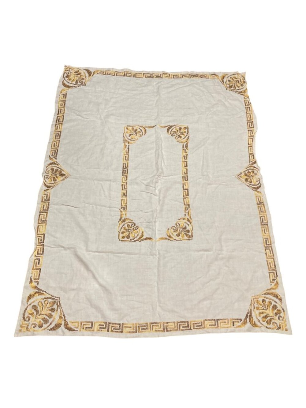 Vintage Linen Tablecloth With Yellow And Brown Embroidery Greek Keys
